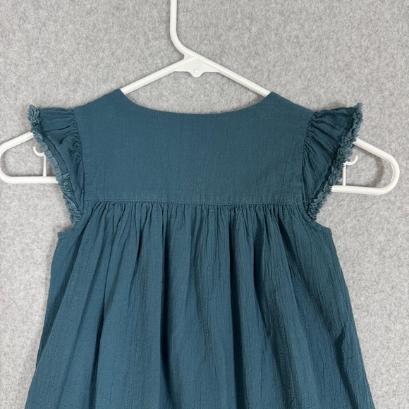 Tea Collection Dress Girl Size 4 Teal Blue Embroidered Flutter Sleeve Geometric - Picture 7 of 12